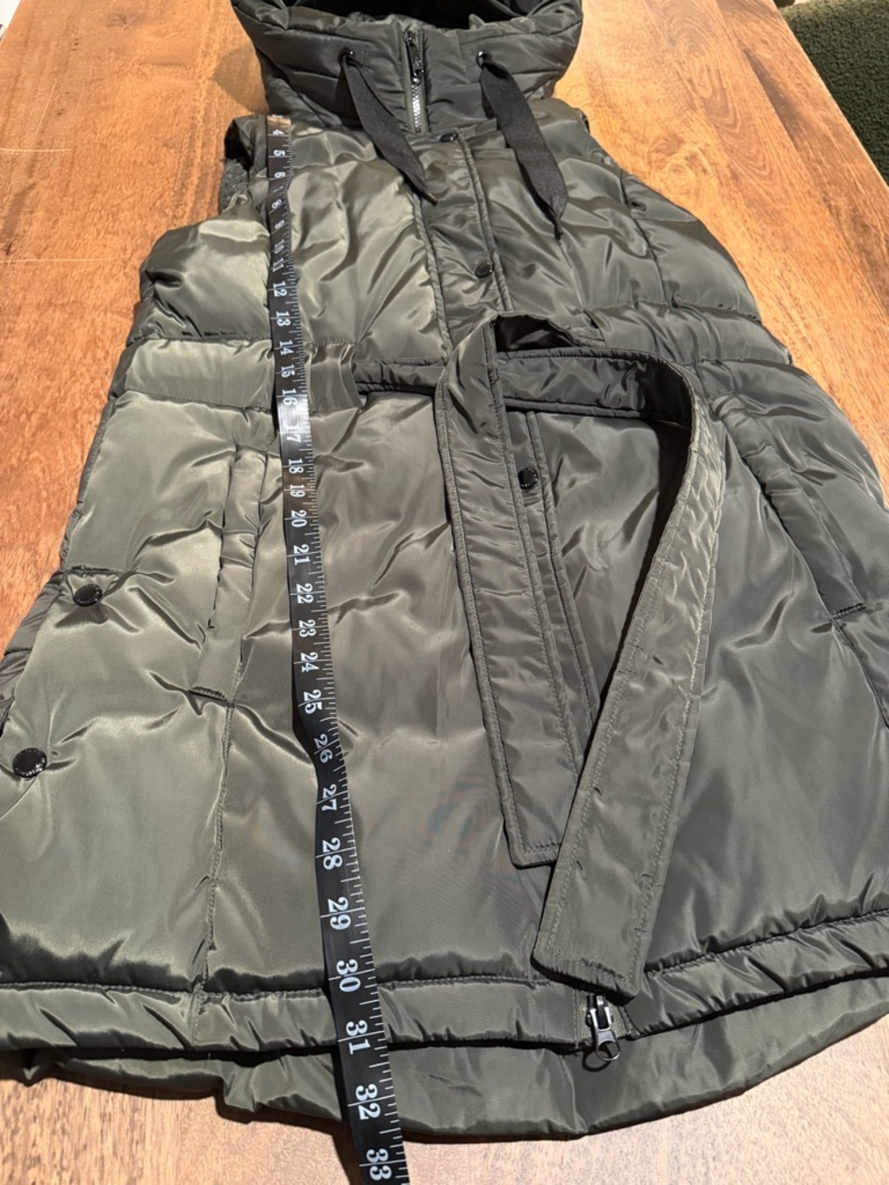 Sam Edelman Hooded Long Puffer Vest Dark Olive Green Small Adjustable Waist - S - Picture 14 of 16